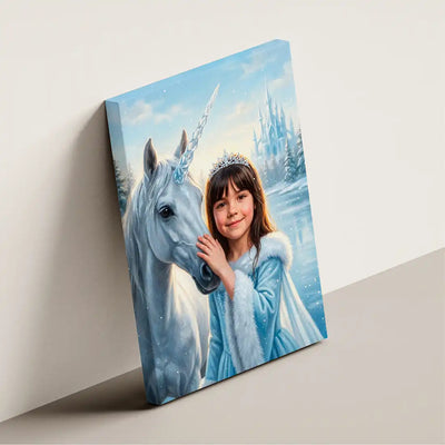 Crystal Unicorn canvas wall art by Milo Portrait, winter princess cheek to cheek with a crystal-horned unicorn before a distant crystal castle, shown at an angle.