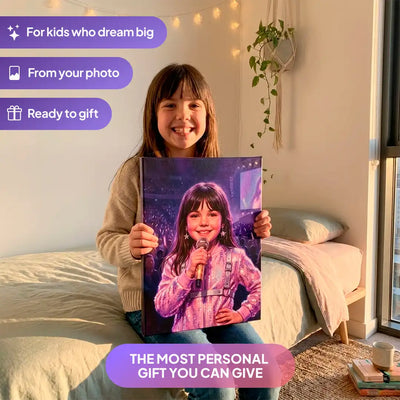 Girl holding a K-Pop Star canvas portrait from Milo Portrait in a bedroom.
