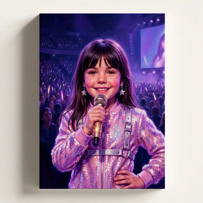 K-Pop Star personalized canvas portrait by Milo Portrait, k-pop idol on a huge arena stage, hand on her waist, packed stands and a giant screen behind her.