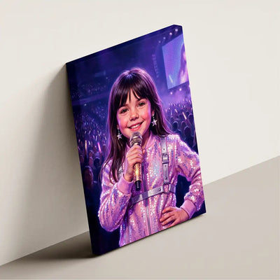 K-Pop Star canvas wall art by Milo Portrait, k-pop idol on a huge arena stage, hand on her waist, packed stands and a giant screen behind her, shown at an angle.