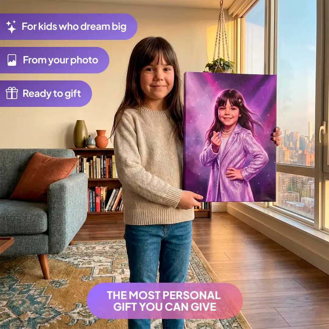 Girl holding a K-Pop Idol canvas portrait from Milo Portrait in a living room.