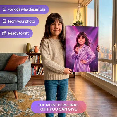 Girl holding a K-Pop Idol canvas portrait from Milo Portrait in a living room.