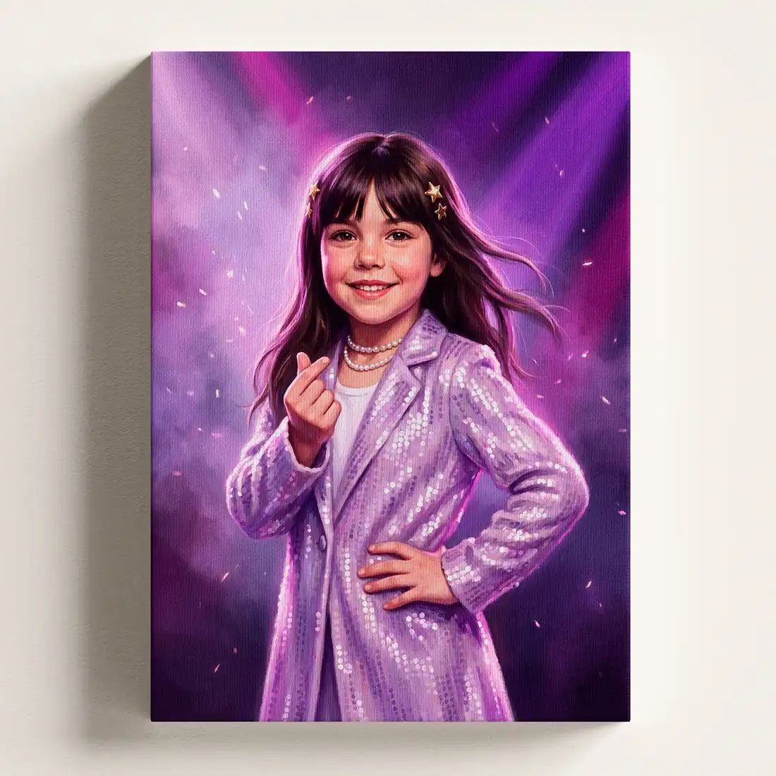 K-Pop Idol personalized canvas portrait by Milo Portrait, an idol holding a finger heart under bright stage lights.