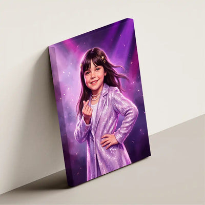 K-Pop Idol canvas wall art by Milo Portrait, an idol holding a finger heart under bright stage lights, shown at an angle.