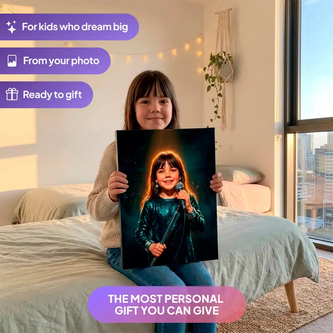 Girl holding a Stage Singer canvas portrait from Milo Portrait in a bedroom.