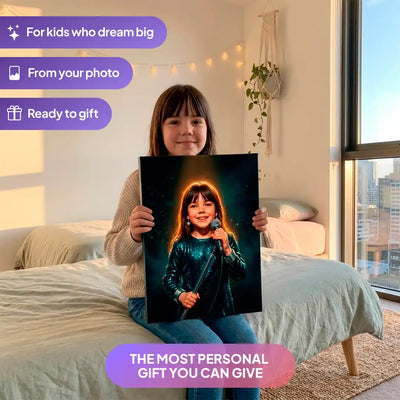 Girl holding a Stage Singer canvas portrait from Milo Portrait in a bedroom.