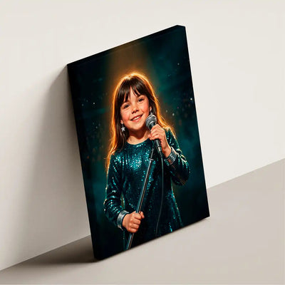 Stage Singer canvas wall art by Milo Portrait, young singer under a single warm spotlight on a vast dark arena stage, shown at an angle.
