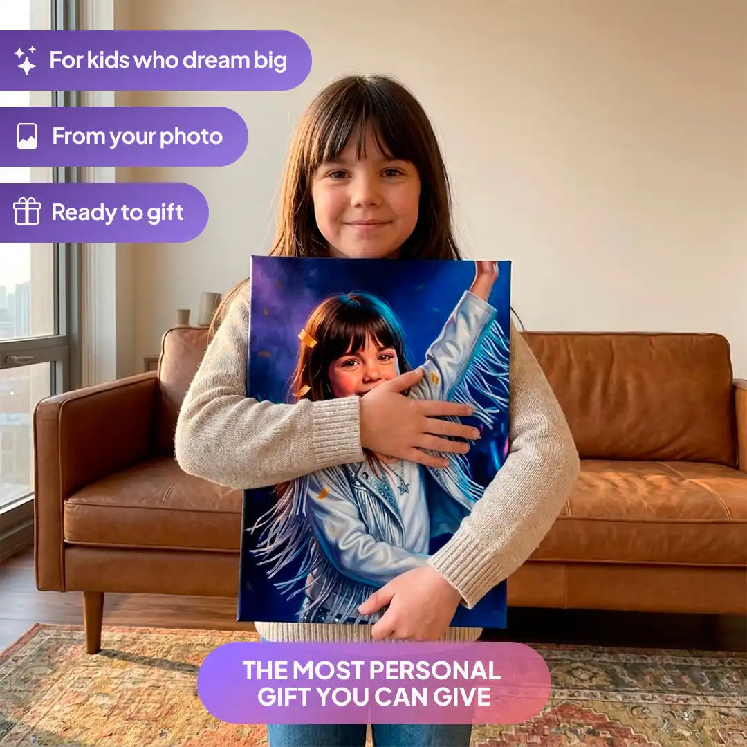 Girl holding a Concert Star canvas portrait from Milo Portrait in a living room.