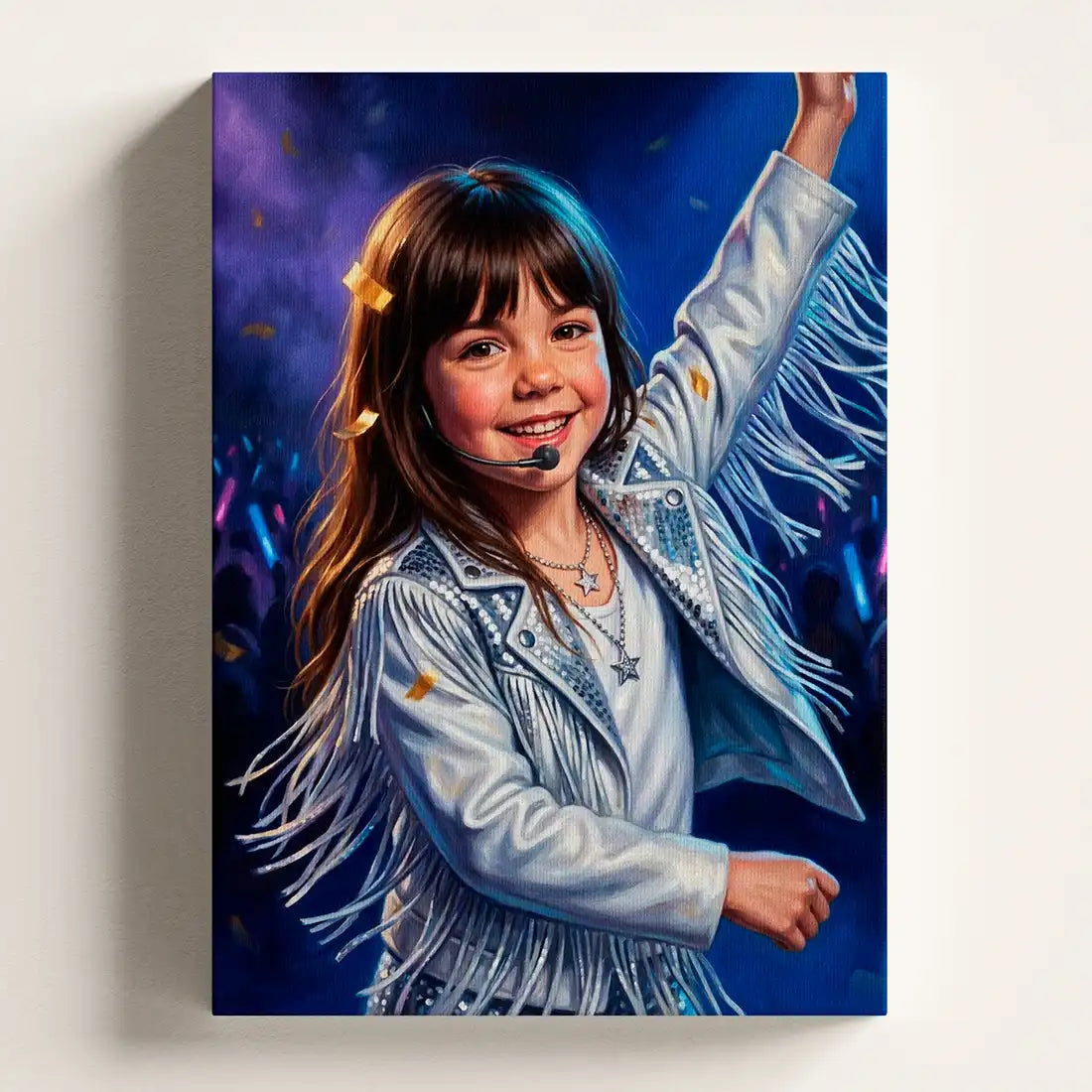 Concert Star personalized canvas portrait by Milo Portrait, pop star caught mid-turn in a dance step as gold confetti falls across a blue-lit stage.