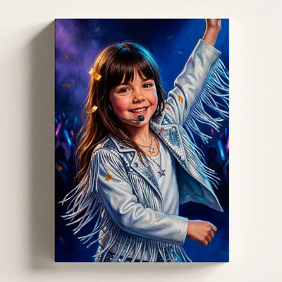 Concert Star personalized canvas portrait by Milo Portrait, pop star caught mid-turn in a dance step as gold confetti falls across a blue-lit stage.