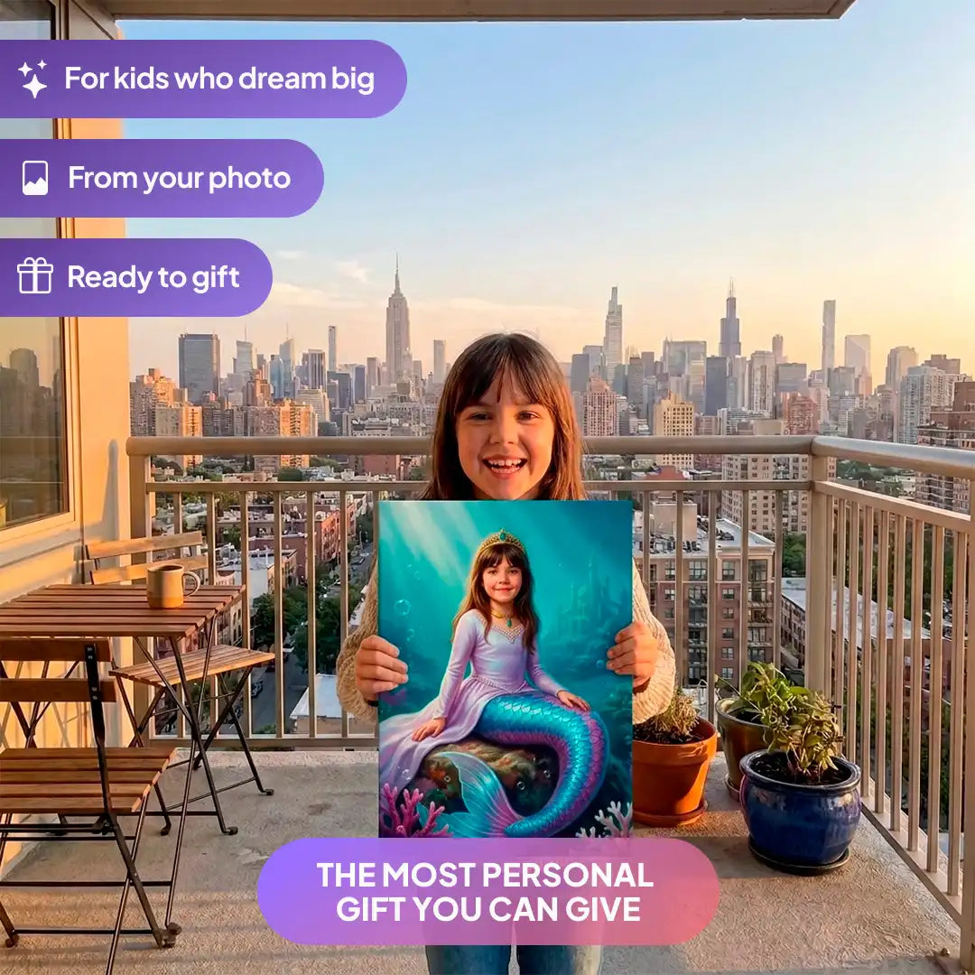 Girl holding a Ocean Mermaid canvas portrait from Milo Portrait in a balcony.
