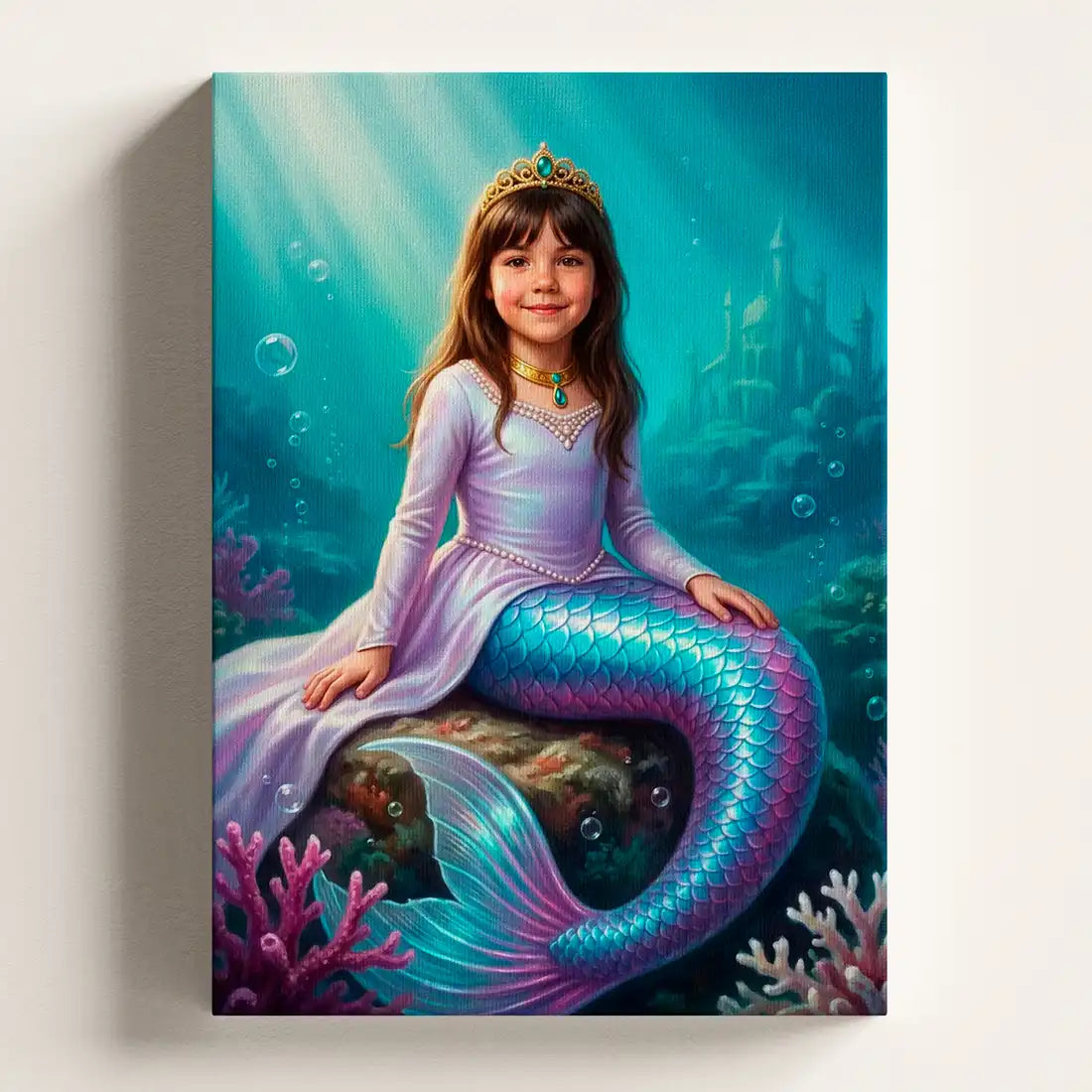 Ocean Mermaid personalized canvas portrait by Milo Portrait, mermaid princess resting in the garden of a sunlit underwater palace.