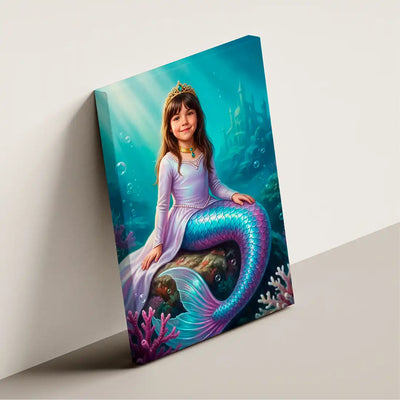 Ocean Mermaid canvas wall art by Milo Portrait, mermaid princess resting in the garden of a sunlit underwater palace, shown at an angle.