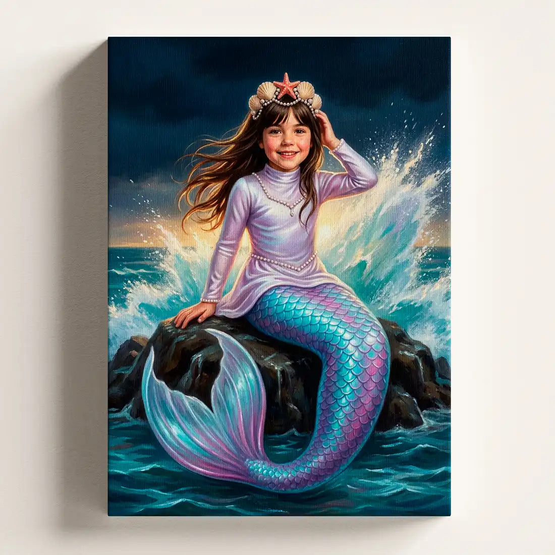 Splash Mermaid personalized canvas portrait by Milo Portrait, mermaid on a sea rock as a wave bursts behind her at dusk.