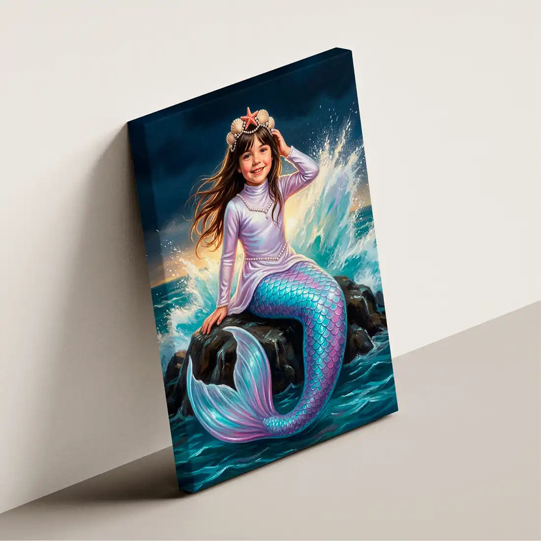 Splash Mermaid canvas wall art by Milo Portrait, mermaid on a sea rock as a wave bursts behind her at dusk, shown at an angle.