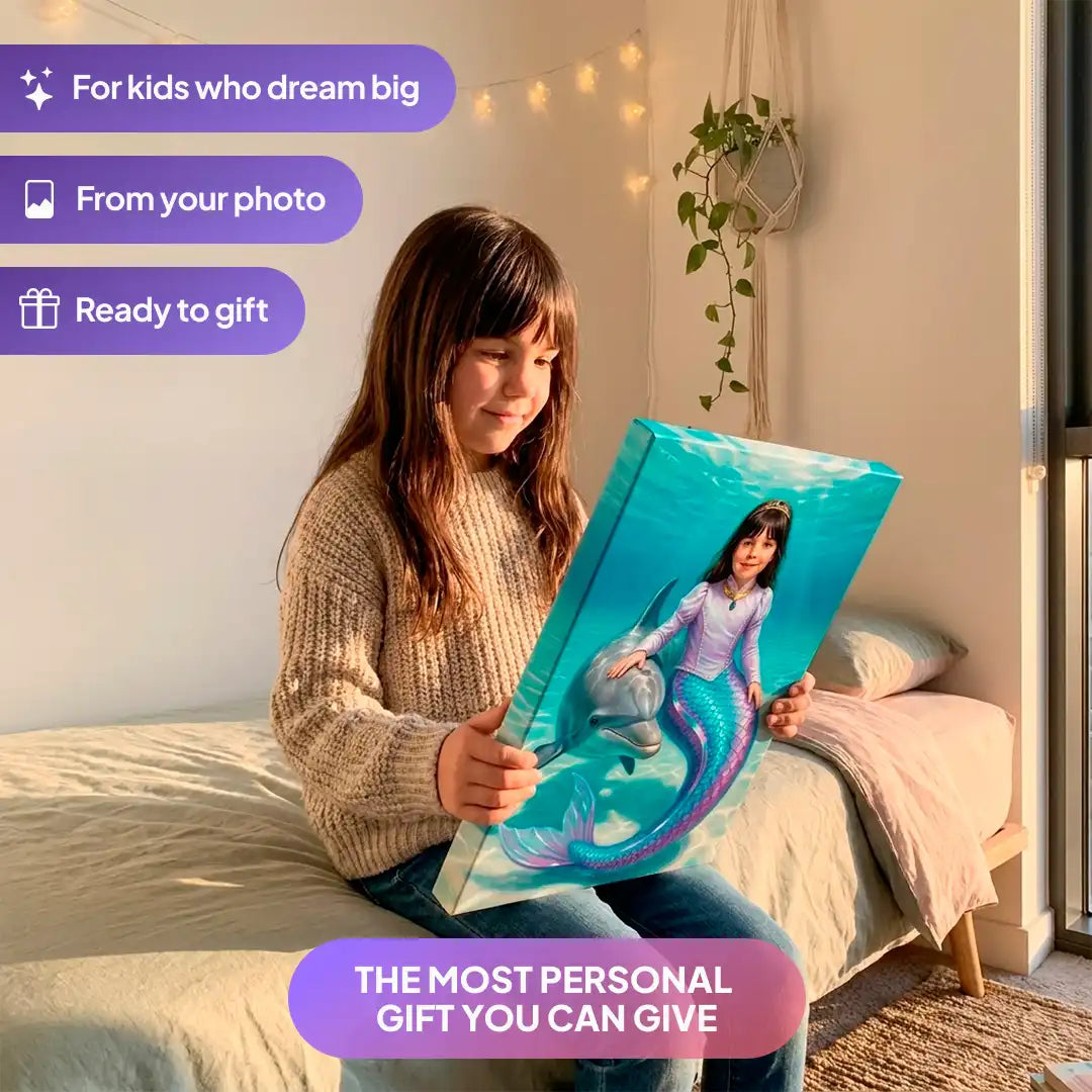 Girl holding a Dolphin Princess canvas portrait from Milo Portrait in a bedroom.
