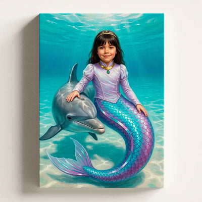 Dolphin Princess personalized canvas portrait by Milo Portrait, mermaid princess swimming beside a dolphin in a bright sunlit lagoon.