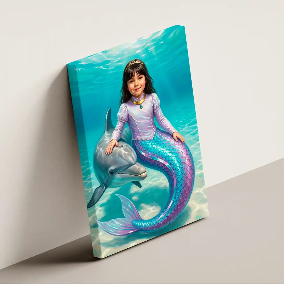 Dolphin Princess canvas wall art by Milo Portrait, mermaid princess swimming beside a dolphin in a bright sunlit lagoon, shown at an angle.