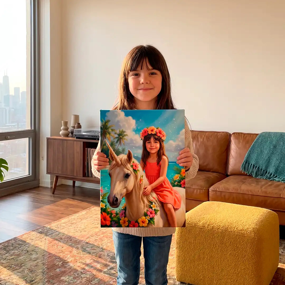 A young girl stands in a living room holding a custom canvas print of a girl in an orange dress riding a white unicorn with a golden horn, surrounded by tropical flowers and a blue sky.