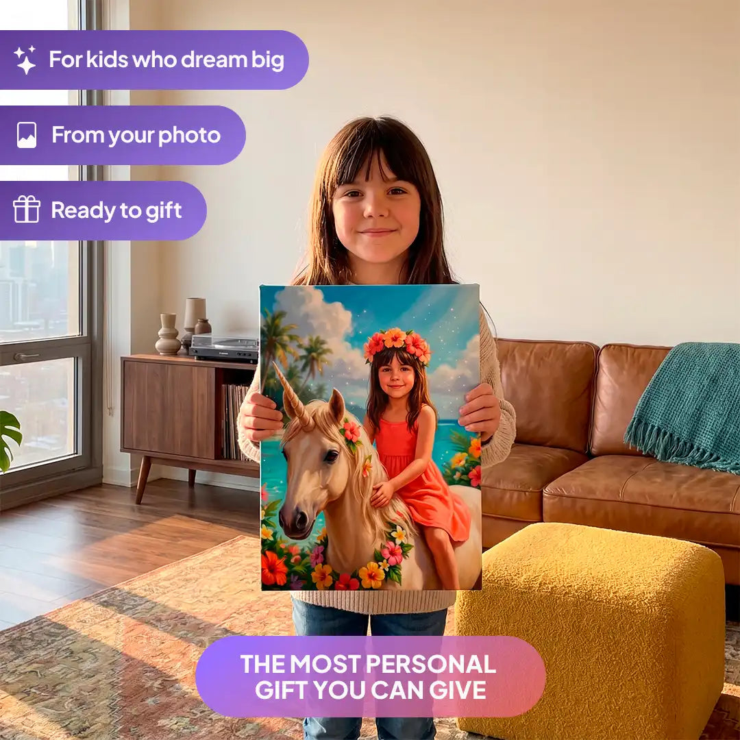 Girl holding a Tropical Unicorn canvas portrait from Milo Portrait in a living room.