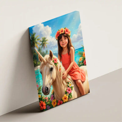 A rectangular canvas wall art print leaning against a light gray wall. The artwork shows a young girl with a flower crown sitting on a unicorn in a tropical beach setting with turquoise water, palm trees, and bright flowers.