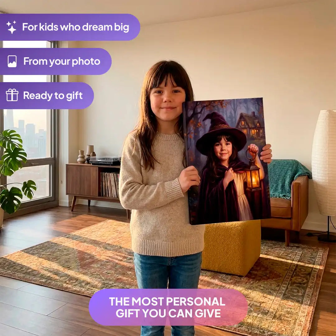 Girl holding a Light Witch canvas portrait from Milo Portrait in a living room.