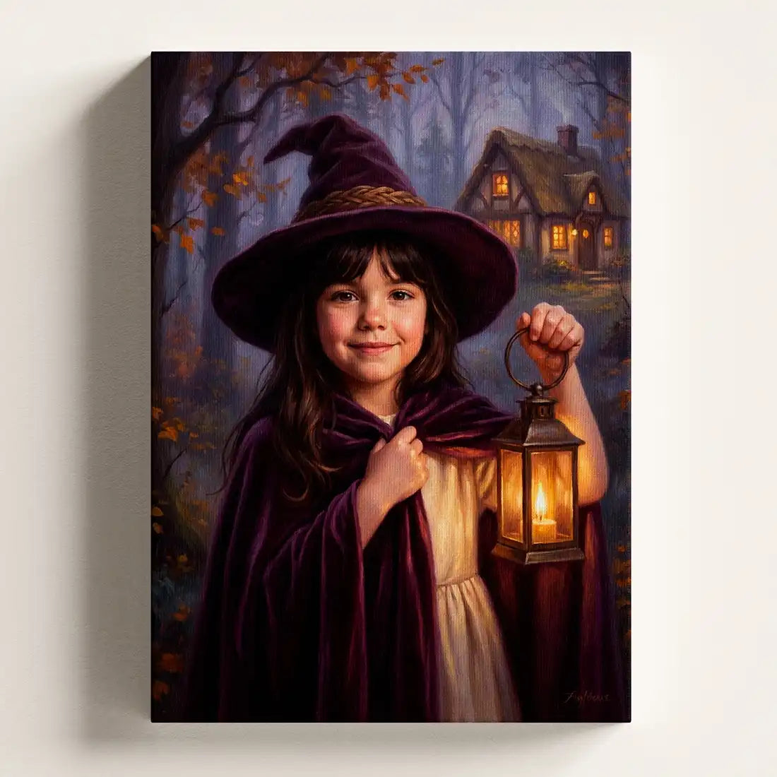 Light Witch personalized canvas portrait by Milo Portrait, kind young witch lifting a glowing lantern in an autumn wood at dusk.