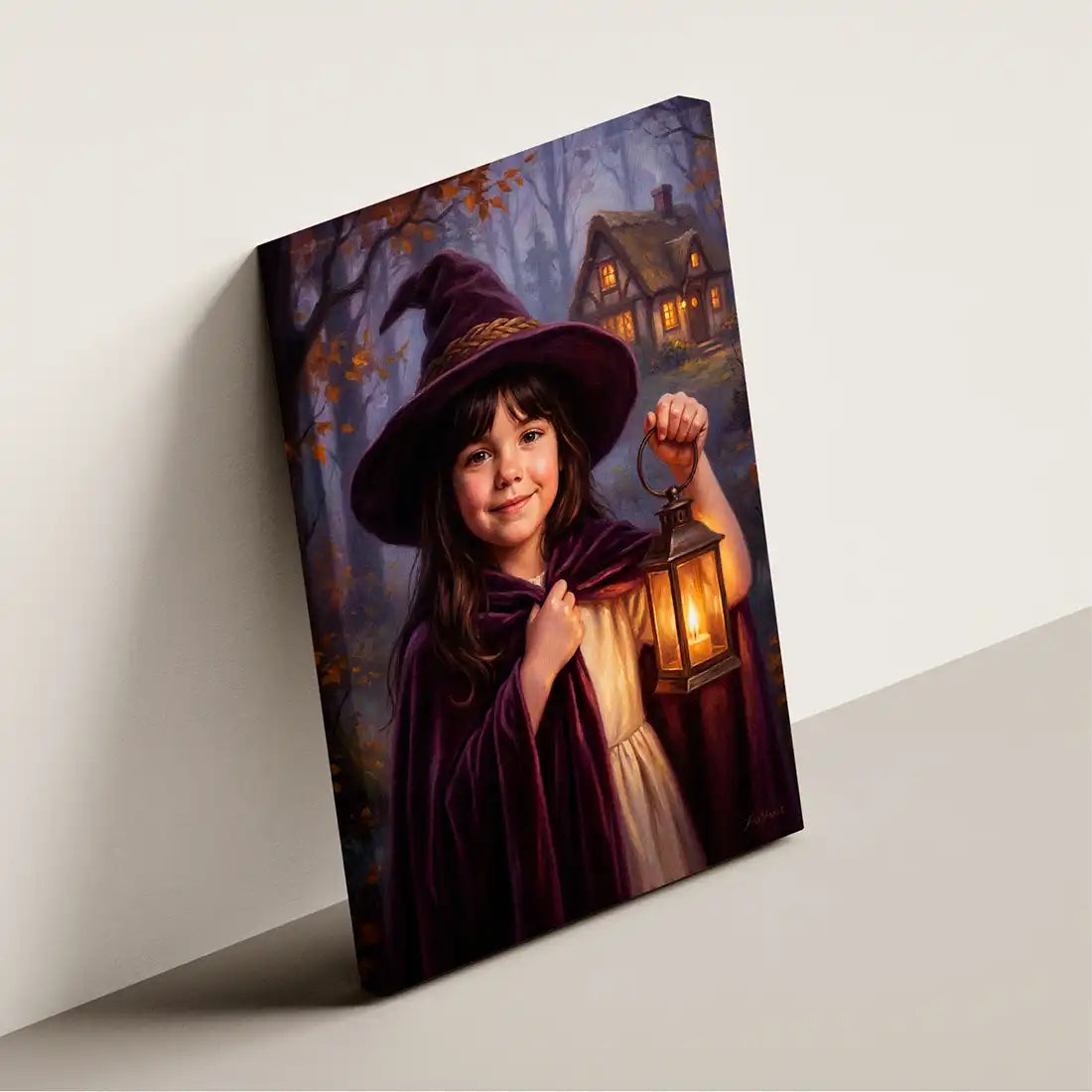Light Witch canvas wall art by Milo Portrait, kind young witch lifting a glowing lantern in an autumn wood at dusk, shown at an angle.