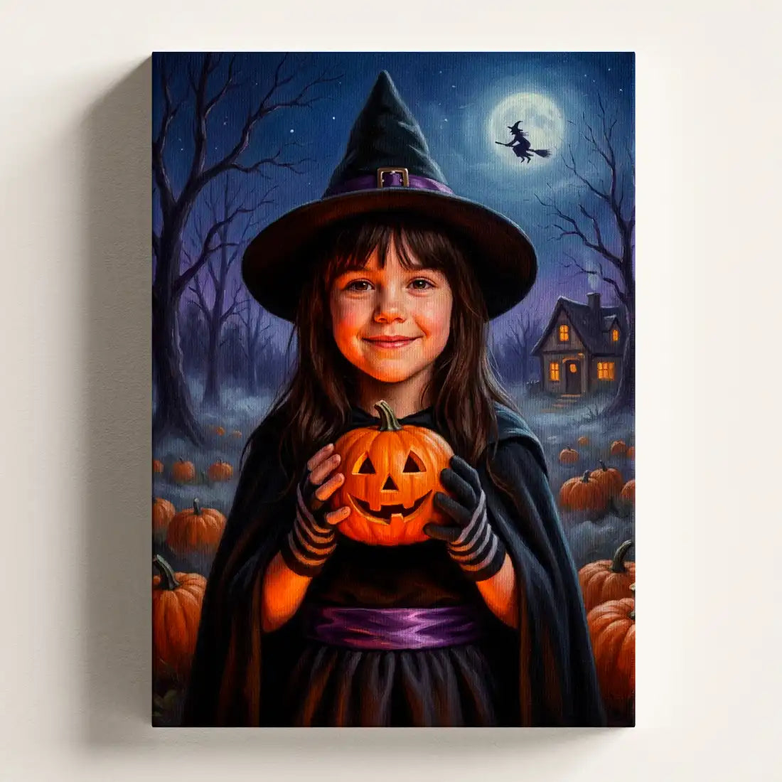 Pumpkin Witch personalized canvas portrait by Milo Portrait, young witch holding a carved pumpkin in a moonlit pumpkin patch.