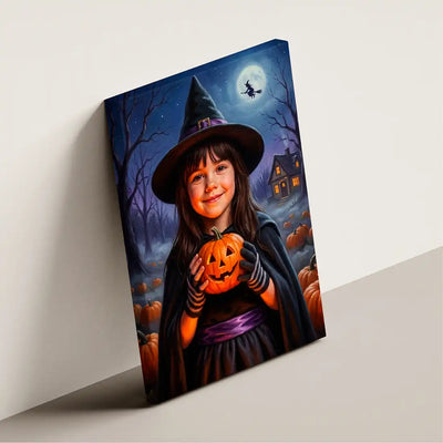 Pumpkin Witch canvas wall art by Milo Portrait, young witch holding a carved pumpkin in a moonlit pumpkin patch, shown at an angle.