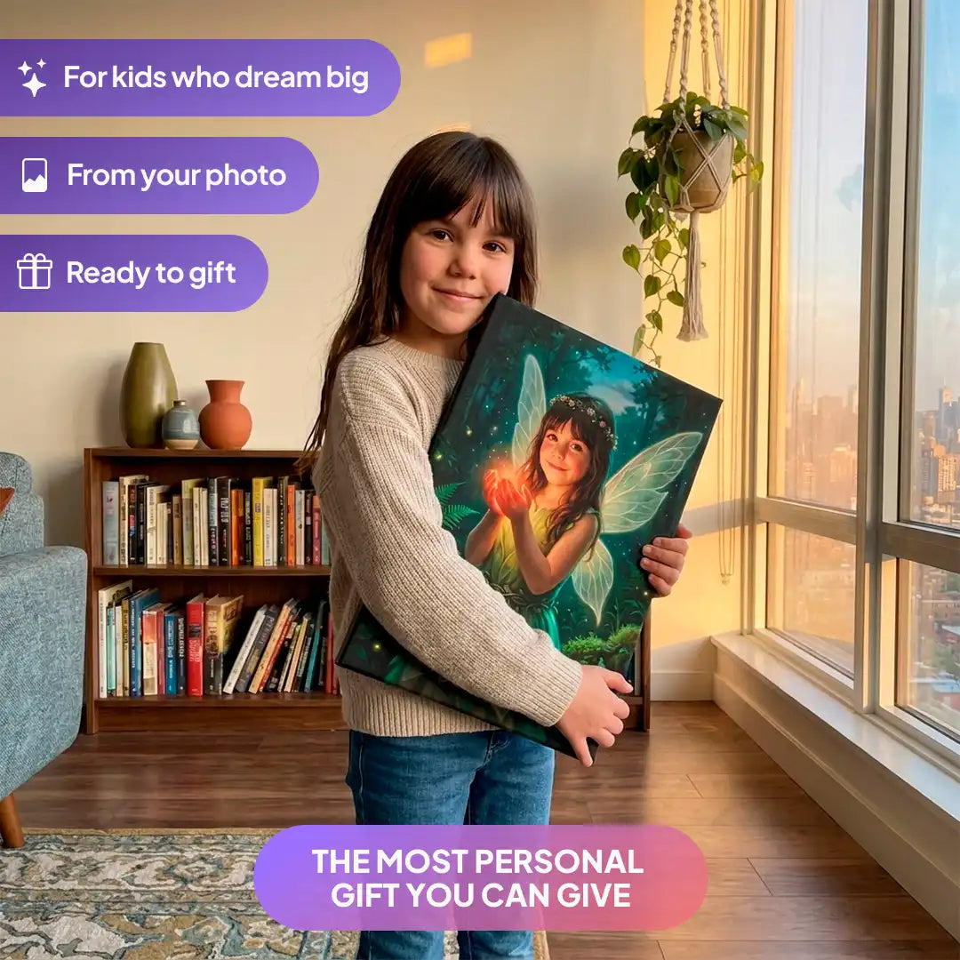 Girl holding a Enchanted Fairy canvas portrait from Milo Portrait in a living room.