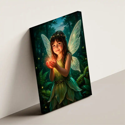 Enchanted Fairy canvas wall art by Milo Portrait, woodland fairy cupping a firefly light in a deep forest clearing at dusk, shown at an angle.
