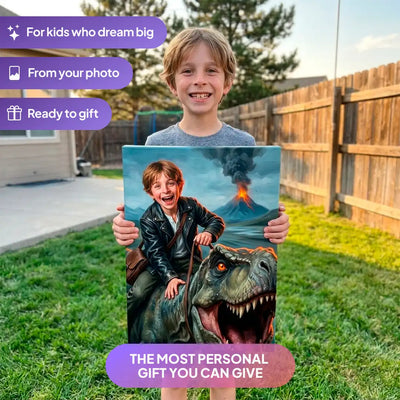 Boy holding a T-Rex Rider canvas portrait from Milo Portrait in a garden.