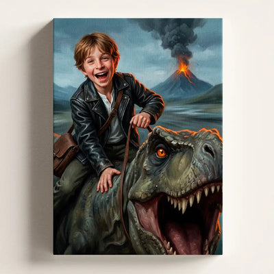 T-Rex Rider personalized canvas portrait by Milo Portrait, young rider leaning along the neck of a roaring T-Rex over a dusty prehistoric valley.