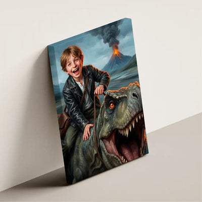 T-Rex Rider canvas wall art by Milo Portrait, young rider leaning along the neck of a roaring T-Rex over a dusty prehistoric valley, shown at an angle.
