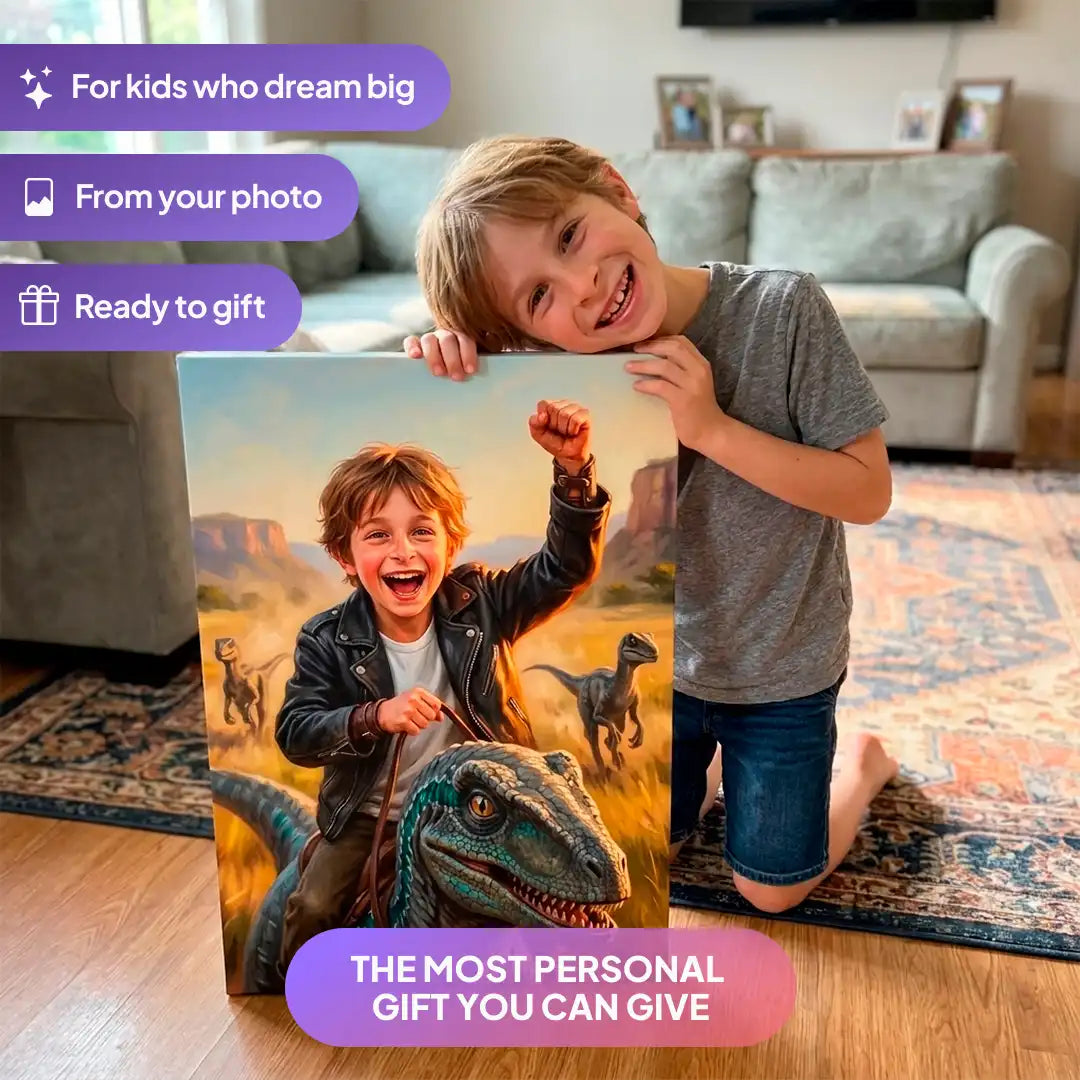 Boy holding a Raptor Rider canvas portrait from Milo Portrait in a living room.