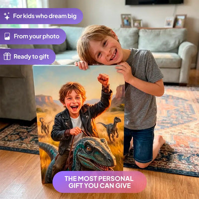 Boy holding a Raptor Rider canvas portrait from Milo Portrait in a living room.