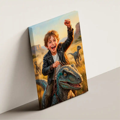 Raptor Rider canvas wall art by Milo Portrait, rider on a sprinting raptor with his fist punched to the sky at golden hour, shown at an angle.