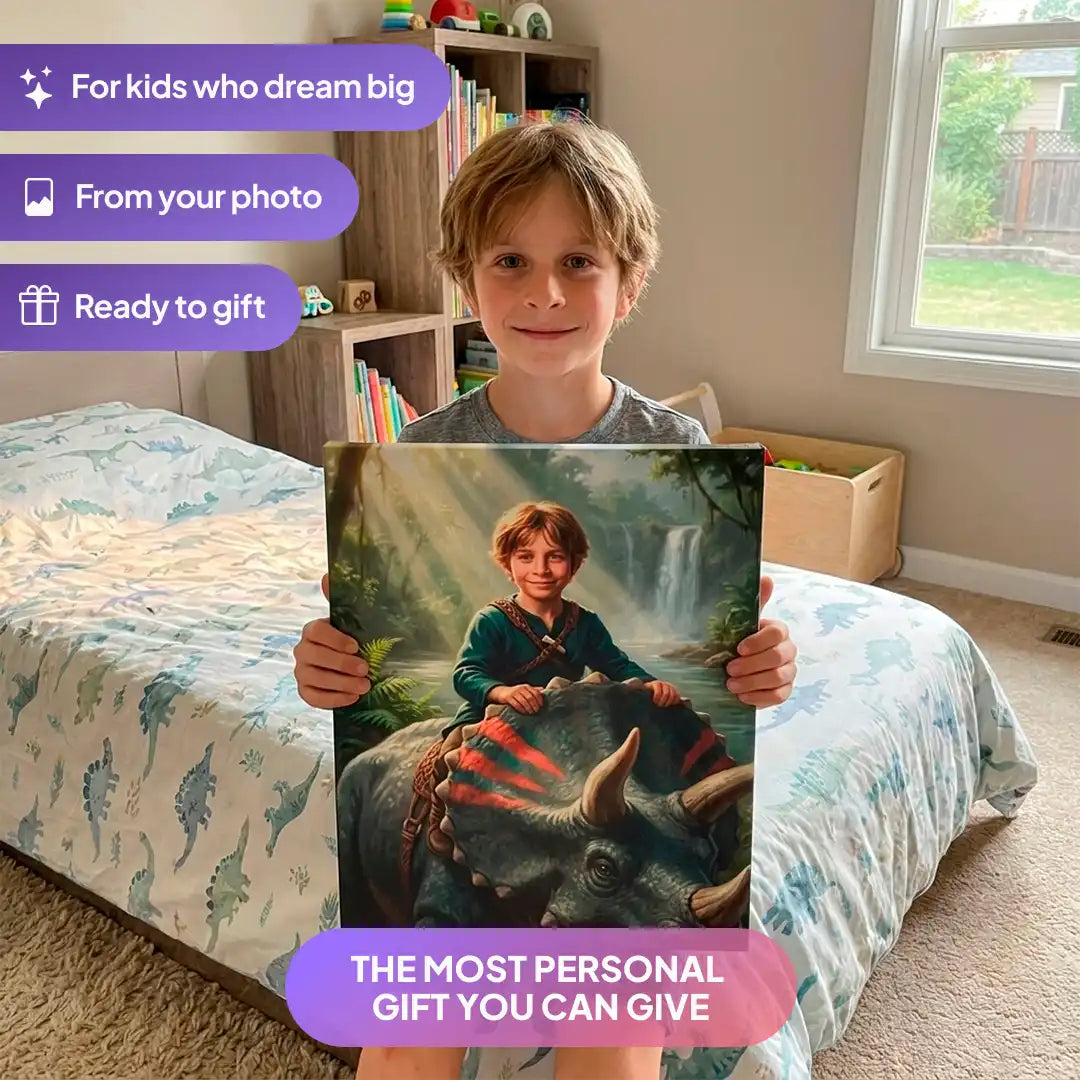 Boy holding a Triceratops Rider canvas portrait from Milo Portrait in a bedroom.