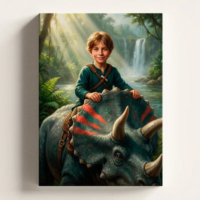 Triceratops Rider personalized canvas portrait by Milo Portrait, young guardian standing with a triceratops at a sunlit jungle river.