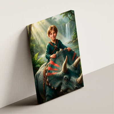 Triceratops Rider canvas wall art by Milo Portrait, young guardian standing with a triceratops at a sunlit jungle river, shown at an angle.