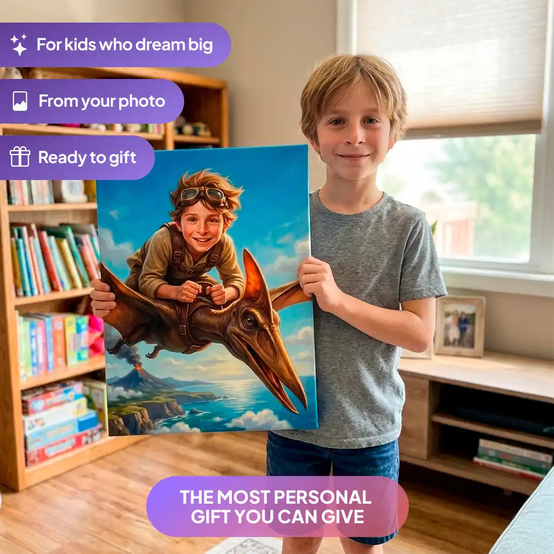 Boy holding a Pterodactyl Rider canvas portrait from Milo Portrait in a living room.