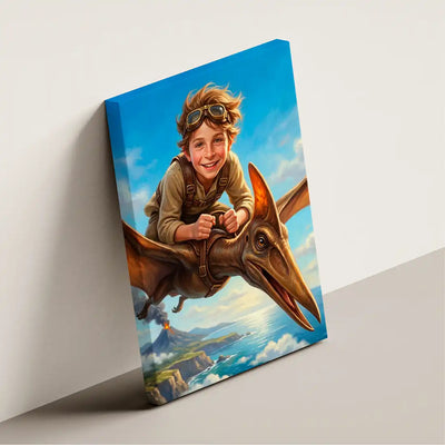 Pterodactyl Rider canvas wall art by Milo Portrait, rider soaring on a pterodactyl high above sunlit coastal cliffs, shown at an angle.