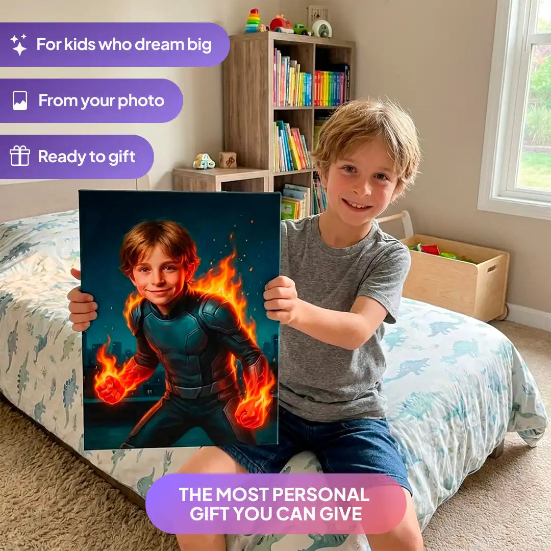 Boy holding a Flame Hero canvas portrait from Milo Portrait in a bedroom.