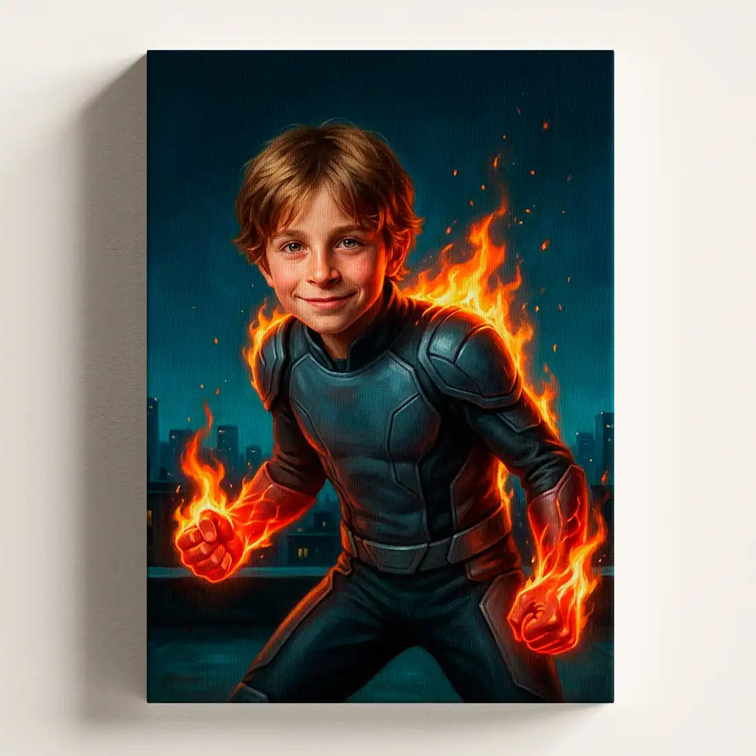 Flame Hero personalized canvas portrait by Milo Portrait, fire-wielding hero with flame wreathing his fists above a night city.