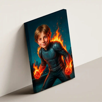 Flame Hero canvas wall art by Milo Portrait, fire-wielding hero with flame wreathing his fists above a night city, shown at an angle.