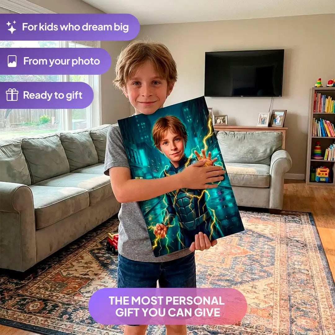 Boy holding a Volt Hero canvas portrait from Milo Portrait in a living room.
