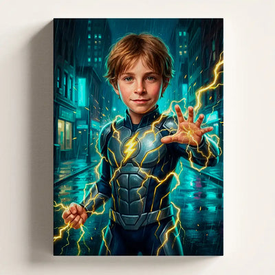 Volt Hero personalized canvas portrait by Milo Portrait, electric hero with arcs running along his forearms on a rain-slick neon street.