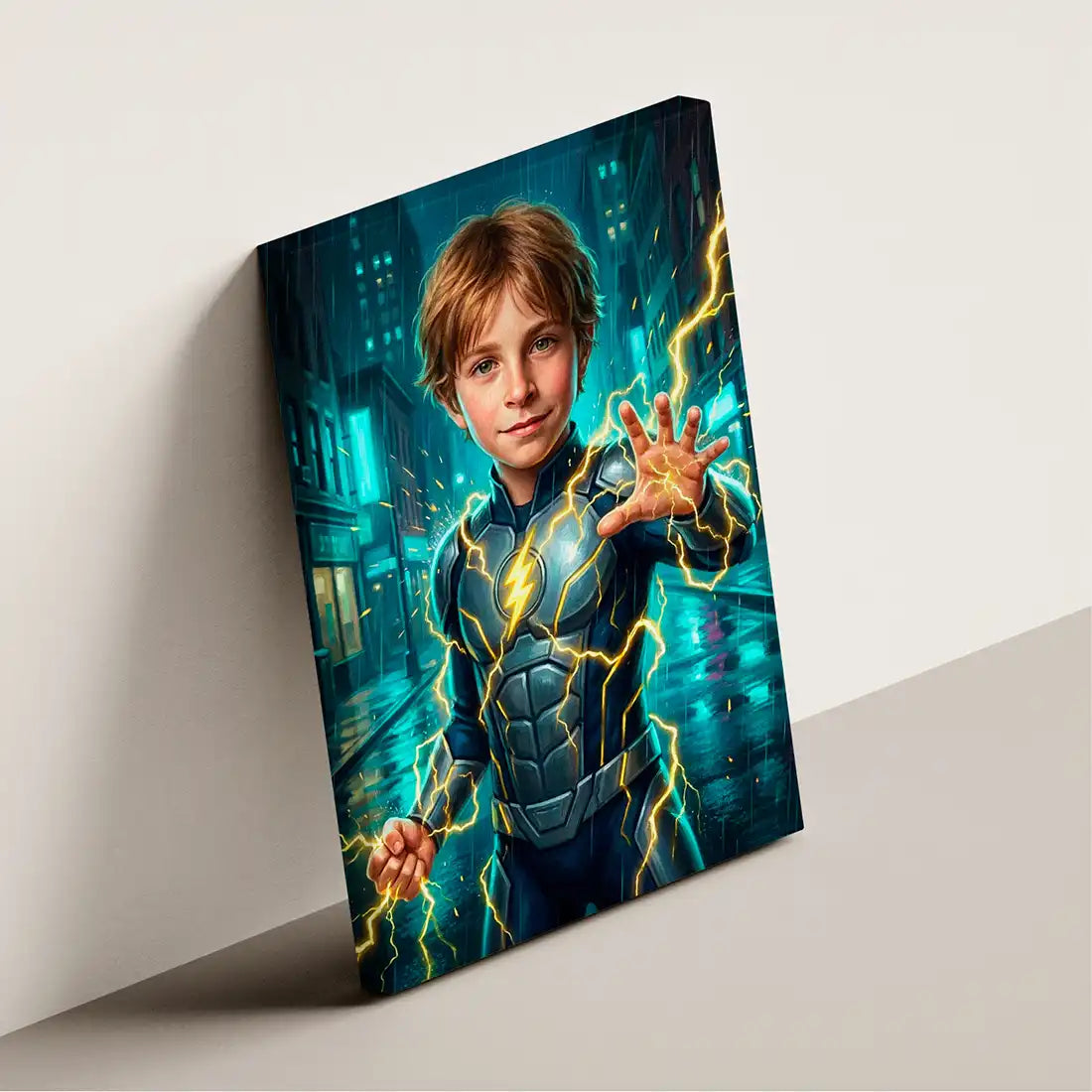 Volt Hero canvas wall art by Milo Portrait, electric hero with arcs running along his forearms on a rain-slick neon street, shown at an angle.