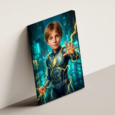 Volt Hero canvas wall art by Milo Portrait, electric hero with arcs running along his forearms on a rain-slick neon street, shown at an angle.